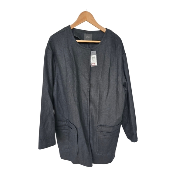 $157 Guess Wool Blend Long Jacket Women Medium Snap Buttons Black Pocket New - Picture 1 of 14